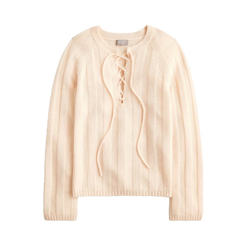 NWT J.Crew Collection Cashmere Lace-up Beach Sweater in Heather Muslin M